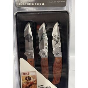 FIELD AND STREAM RACING THE GREYHOUNDS BIRD 3 KNIFE SET WOOD HANDLES